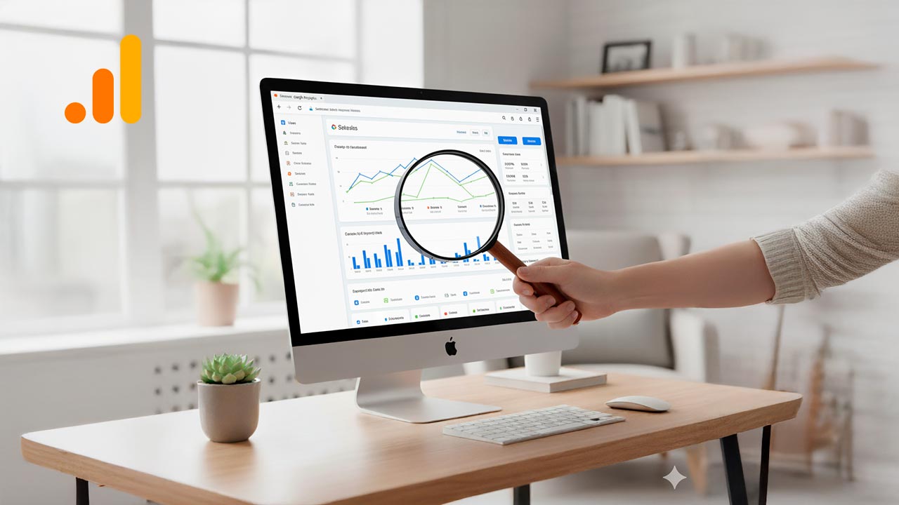Ilustración de un gráfico de análisis web con una lupa y el logo de Google Analytics 4.