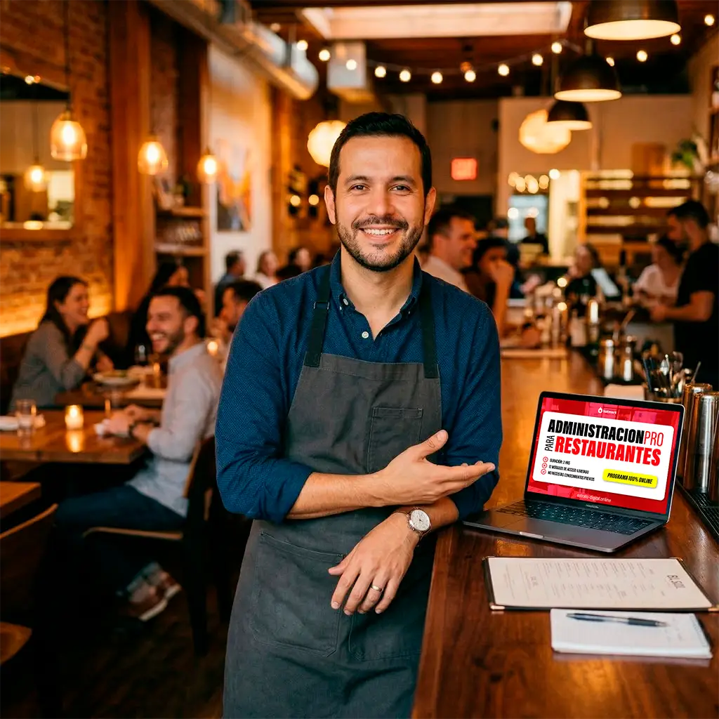 Dueño de restaurante exitoso con laptop mostrando Administración Pro